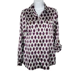 Jones New York Button Up Blouse Sz S Tab Sleeve Secretary Geometric Purple Gray